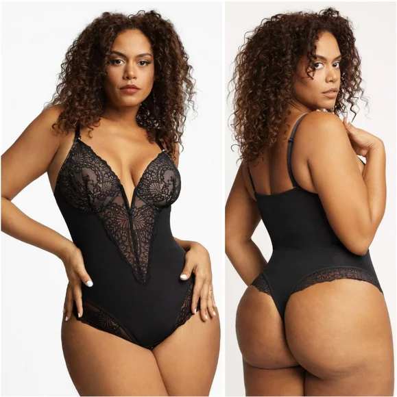 NWT Popilush Black Floral Lace Deep V Shapewear Thong Tummy Control Bodysuit - Picture 2 of 16